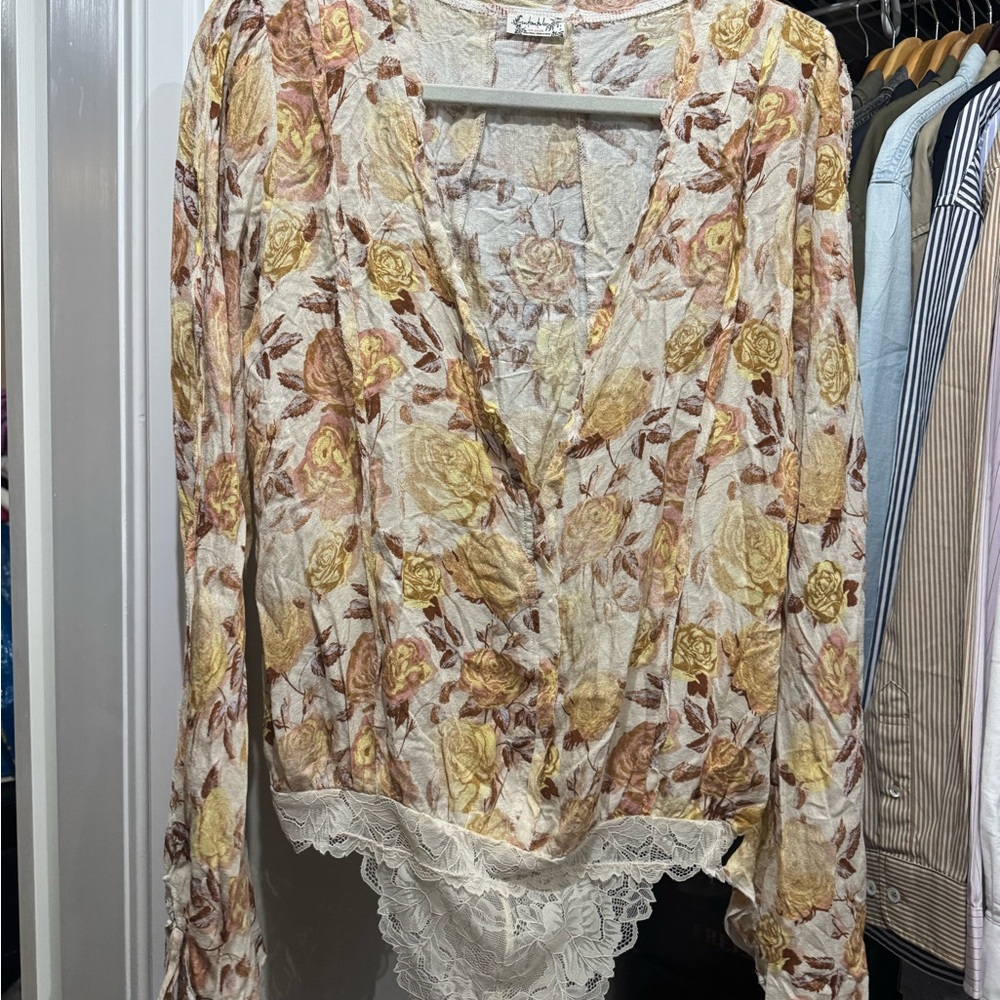 Free People Cream and Orange Bell Sleeve Blouse - Picture 8 of 8